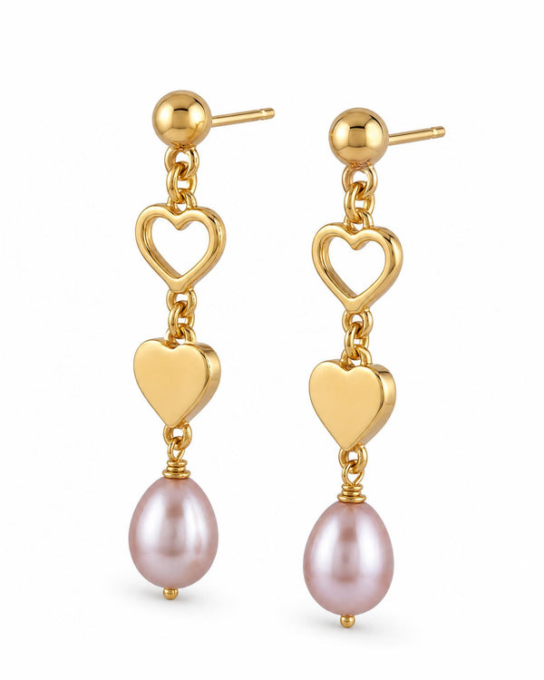Dual Heart Golden Drop pearl Earrings