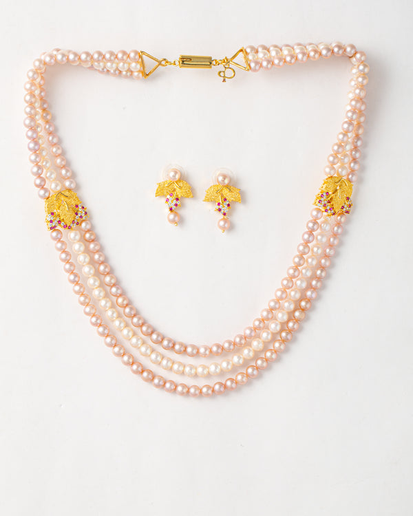 Pink Pearl & Floral Gold Motif Necklace Set