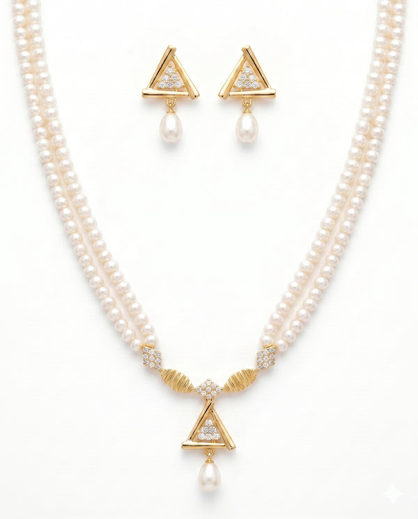 Geometric Majesty Triangular Double-Strand Pearl Jewellery Set