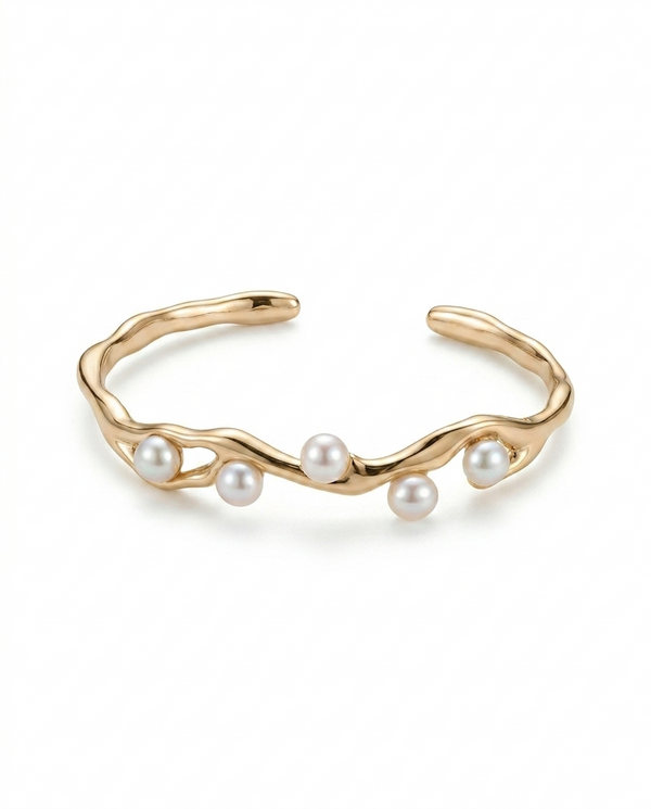 Gold Plated Wave Pearl Cuff Adjustable Bangle