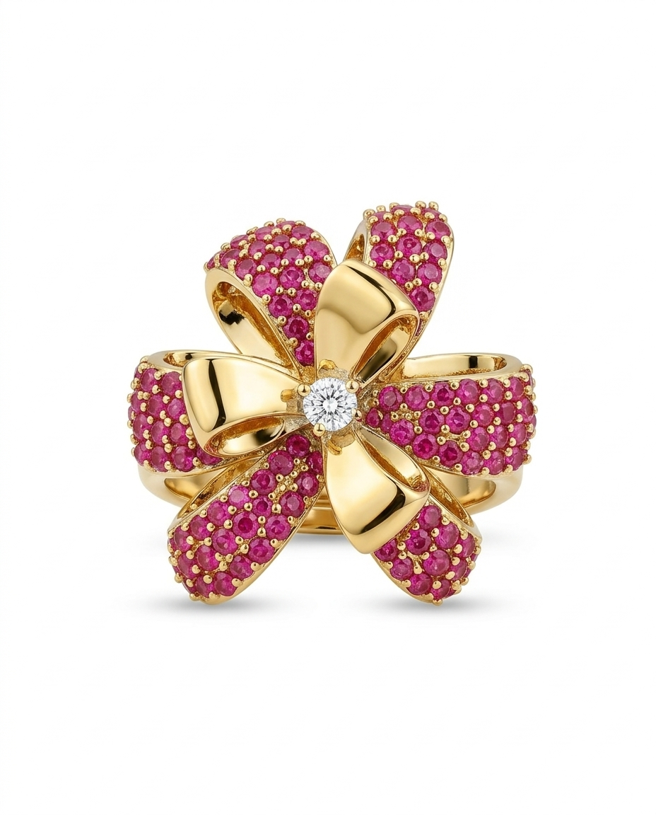 Gold bow-shaped jewelry with pink gemstones on a white background