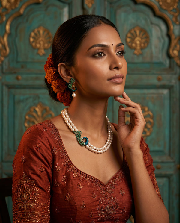 Elegant Peacock Motif Double Line White Pearl Necklace Set