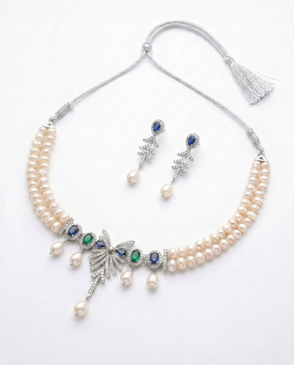 Exquisite CZ Double Strand Pearl Choker Set