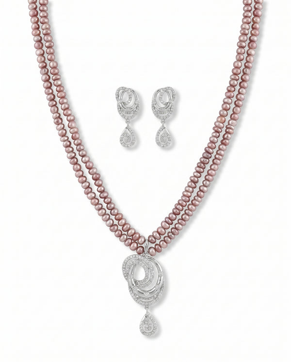 Ethereal Pink Pearl Double-Strand Swirl Drop Necklace & Earring Set