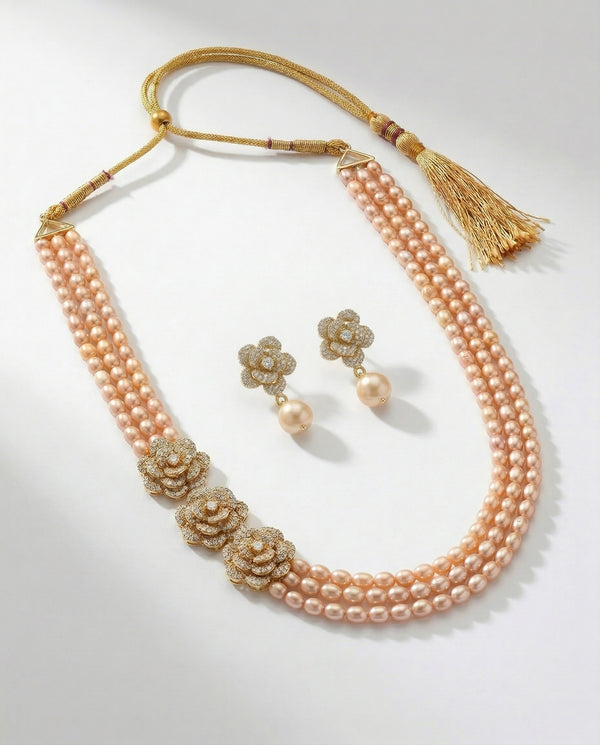 Opulent Rose Gold Triple-Strand Pearl & Floral Bloom Set