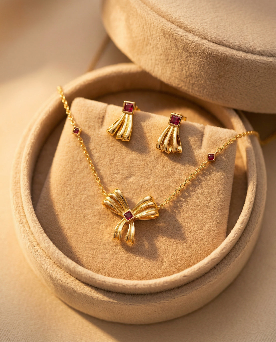 Gold necklace with bow pendant and matching earrings on a white background