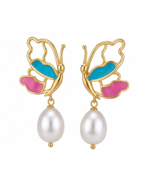 Vibrant Butterfly & Teardrop Pearl Drop Earrings