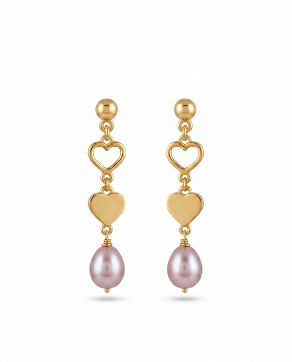 Dual Heart Golden Drop pearl Earrings