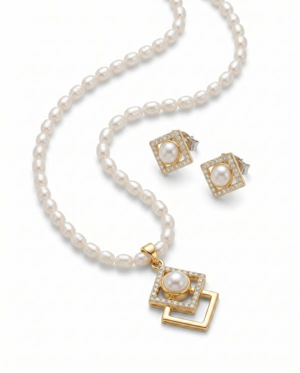 Modern Geometry Square Halo Pearl Jewellery Set