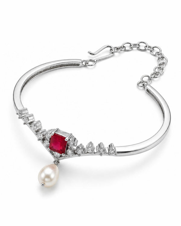 Majestic Ruby Red CZ Pearl Drop Bangle Bracelet