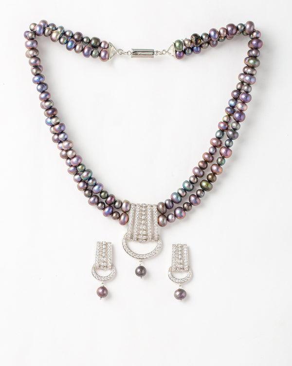 Midnight Black Pearl & CZ Contemporary Necklace Set
