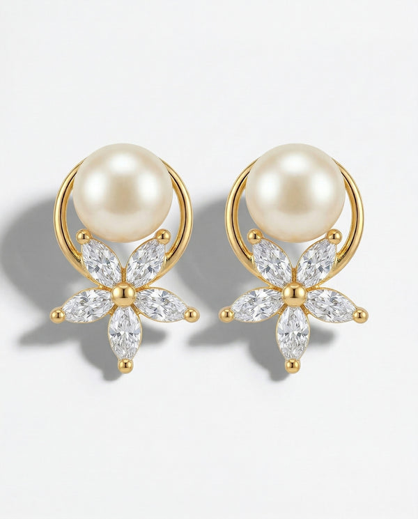 Floral Radiance Pearl CZ Stud Earrings