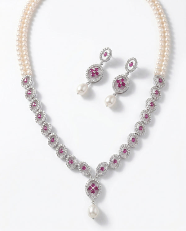 Radiant Ruby Floral Dual-Strand Pearl Necklace & Earring Set
