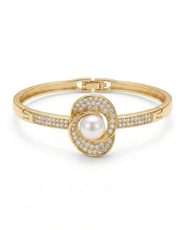 Gold-Plated Swirl Statement Pearl CZ Bangle