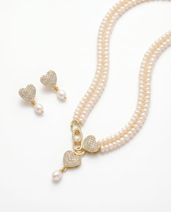 Romantic Heart-to-Heart Pearl Duo Necklace & earring Set