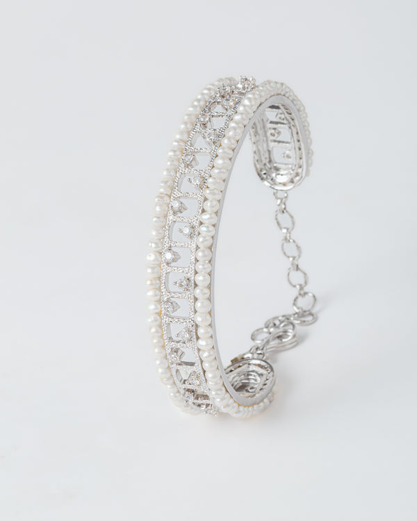 Classic Pearl-Edged Silver CZ Bangle