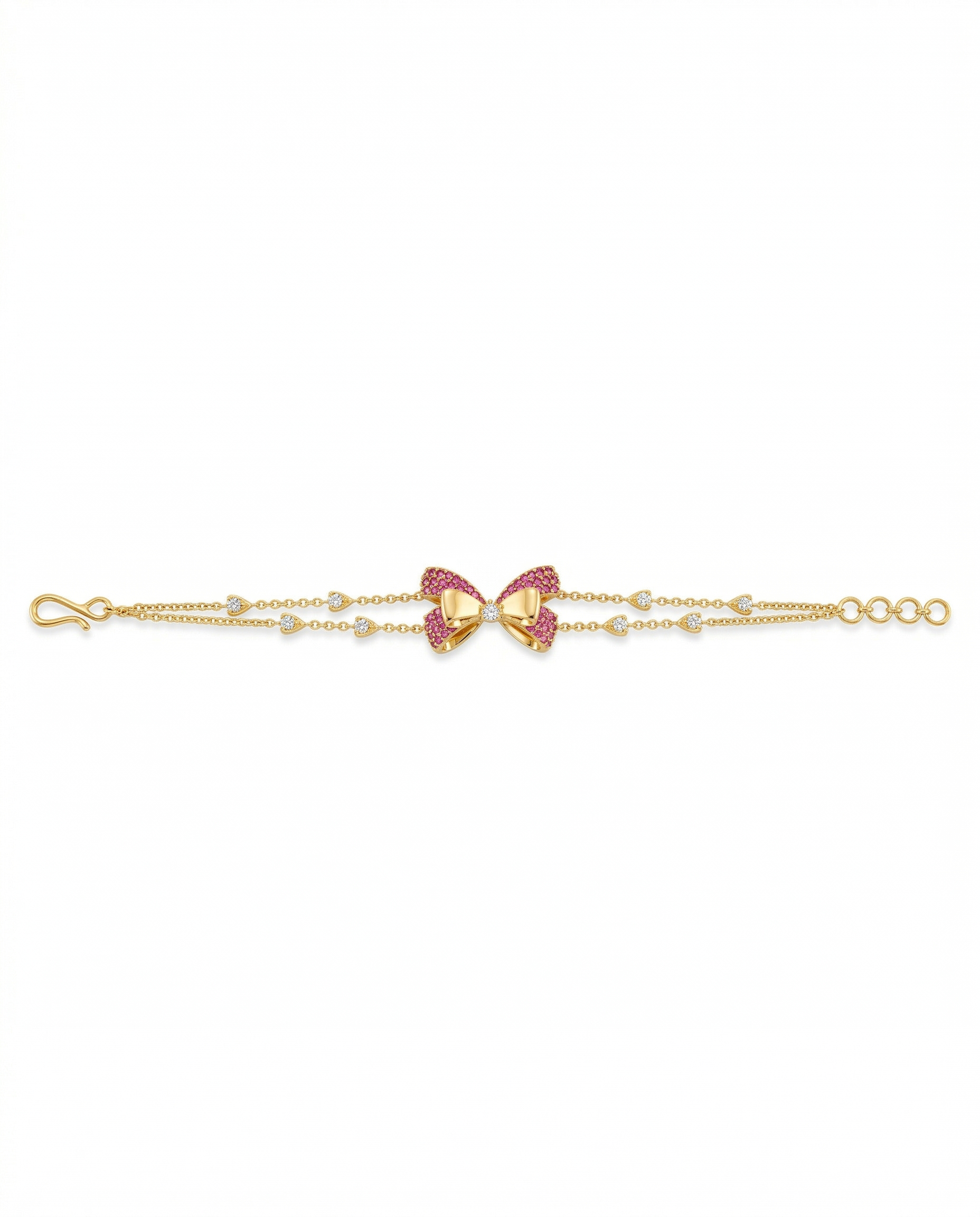 Gold bracelet with a bow-shaped clasp on a white background
