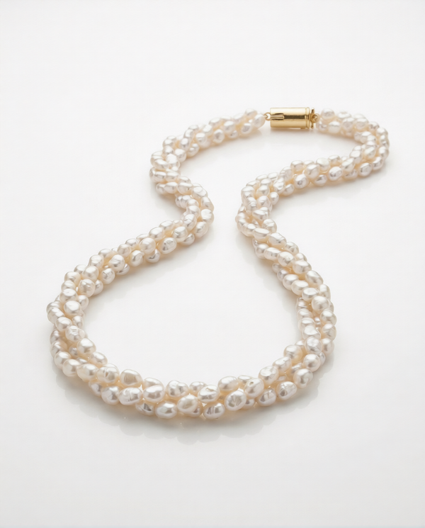 Twisted Triple-Strand Freshwater Uncut Pearl Mala