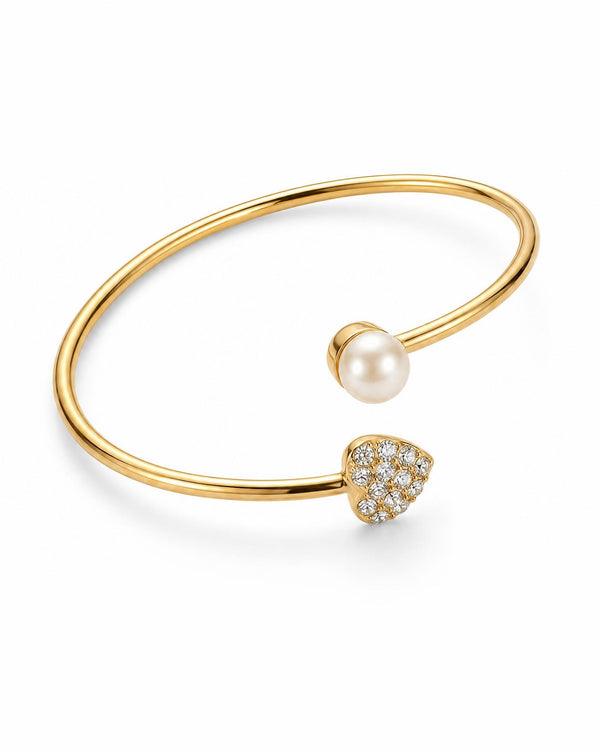 Romantic Gold-Tone Heart and Pearl Cuff Adjustable Bangle
