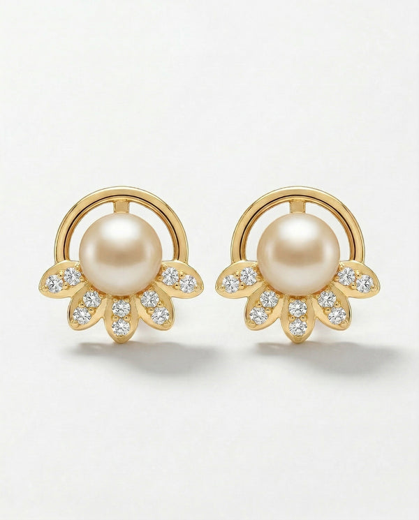 Celestial Lotus Pearl & CZ Stud Earrings