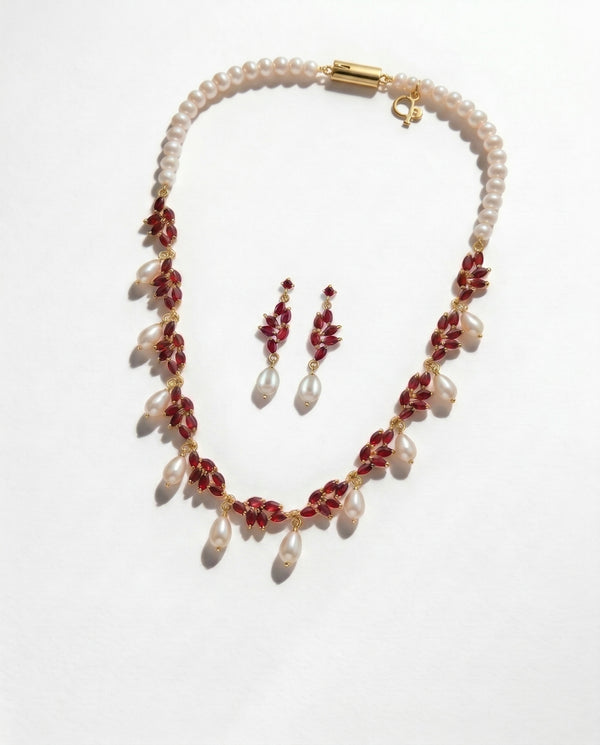 Vintage Crimson Bloom Pearl Necklace & Earring Set