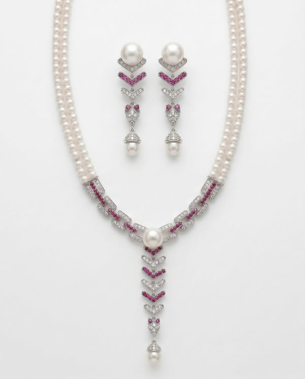 Ethereal Pearl & Ruby-Tone Statement Jewellery Set