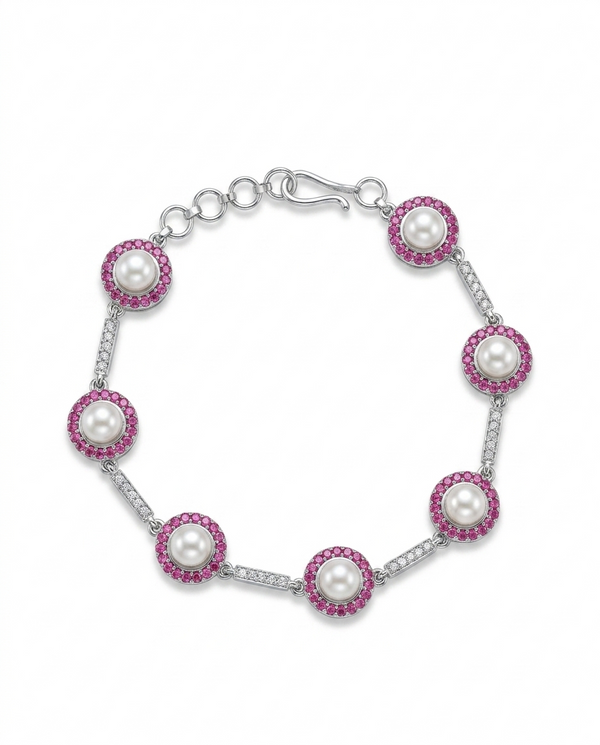 Lustrous Pearl and Pink CZ Halo Link Bracelet