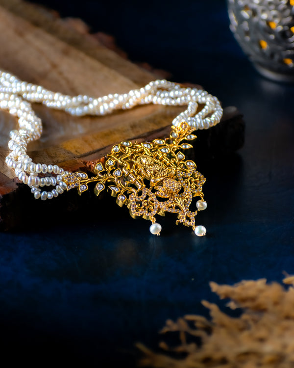 Temple Pearl Mala With Goddess Lakshmi Pendant