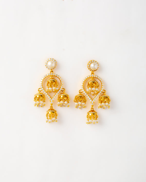 Gold Chandbali Jhumka with Multiple Pearl Drops