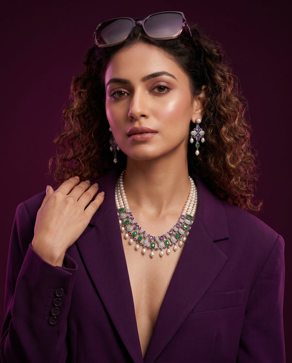 Triple-Strand Pearl & Multi-Gemstone Lattice Jewellery Set