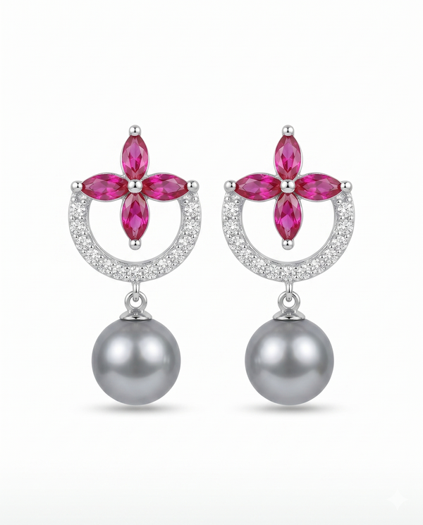 Elegant Silver-Tone Floral & Grey Pearl Drop Earrings