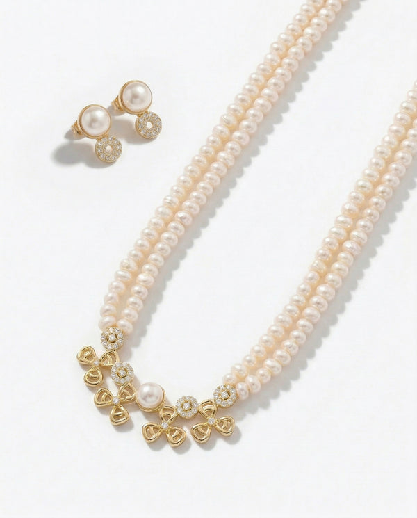 Gold Plated Bloom Double-Strand Pearl & Floral Jewellery Set