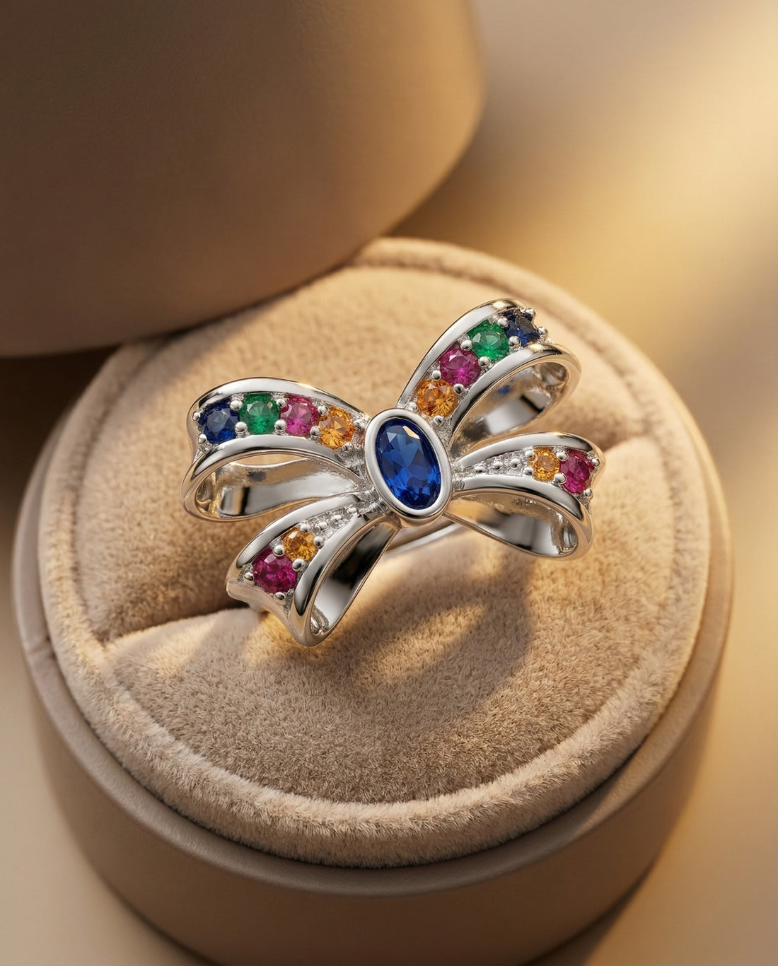 Silver butterfly ring with colorful gemstones on a white background