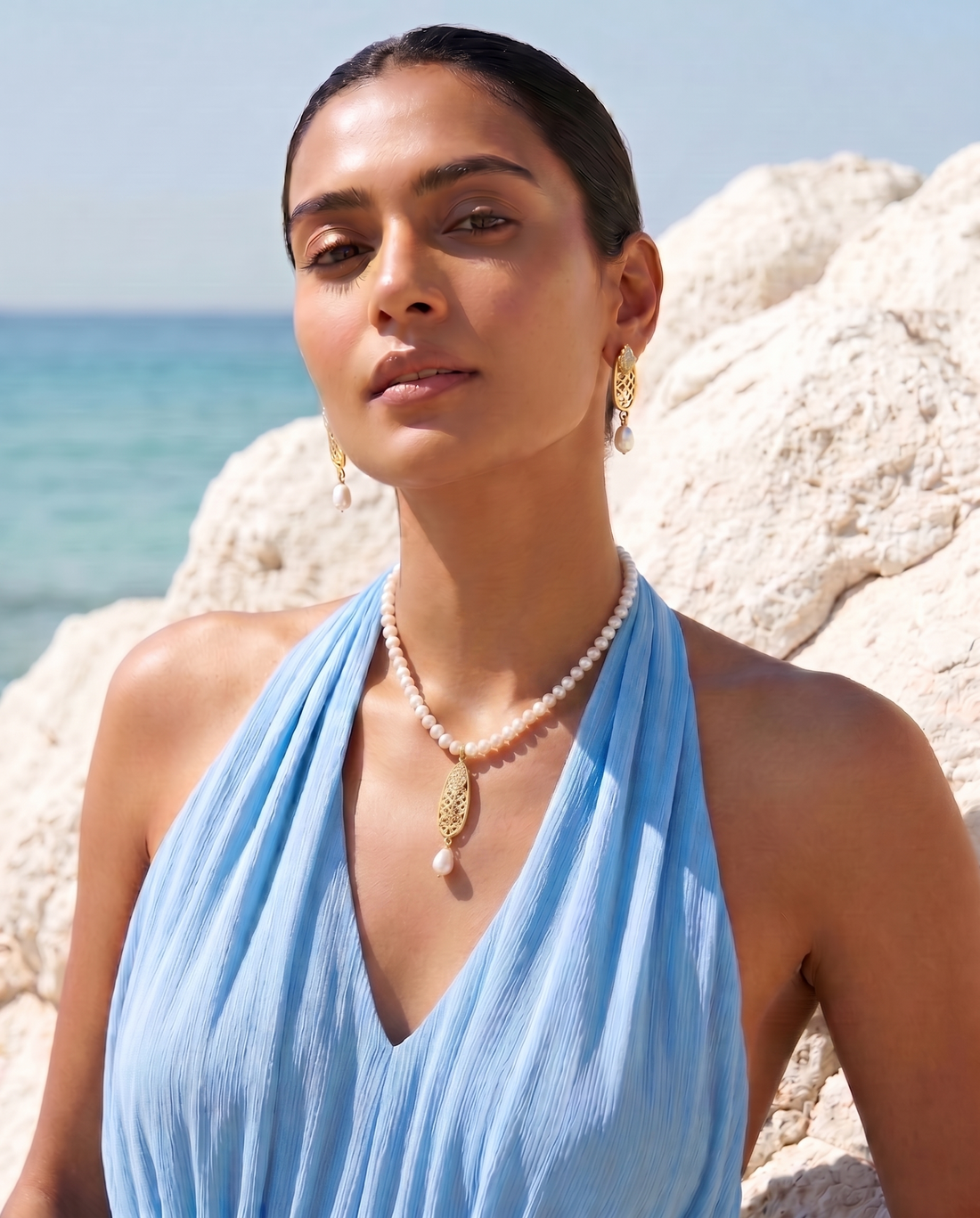 Artistic Filigree Lattice Pearl Necklace & Drop Earring Set