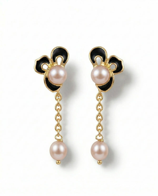 Elegant Floral Enamel & Pearl Drop Earrings