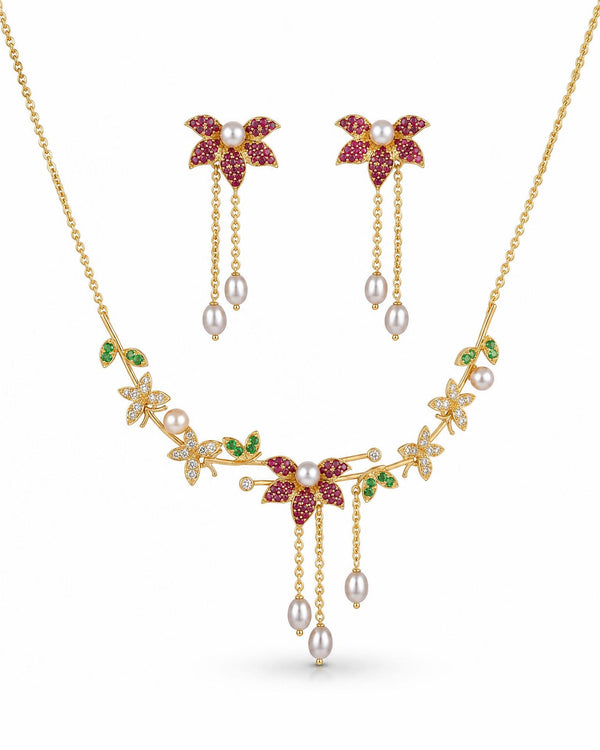 Artisanal Garden Bloom Floral Charms Pearl Jewellery Set