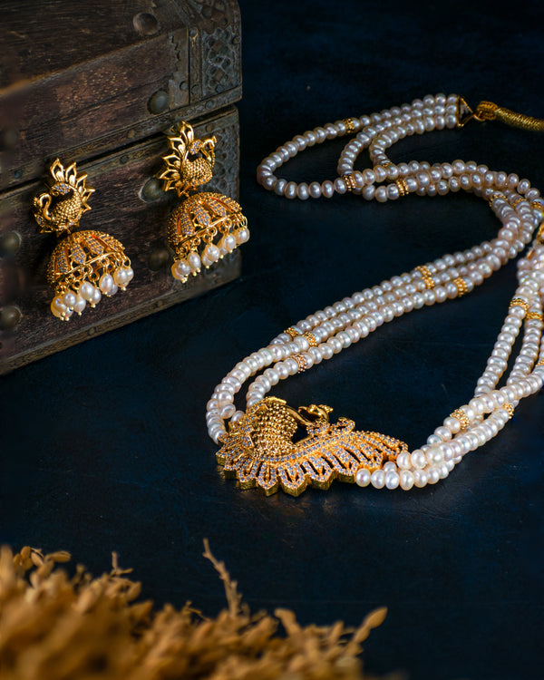 Pearl Goddess Lakshmi Layered Necklace Set With Peacock Temple Pendant