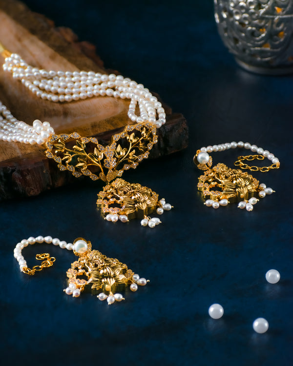 Floral Goddess Lakshmi Temple Pearl Choker Set With CZ Stones