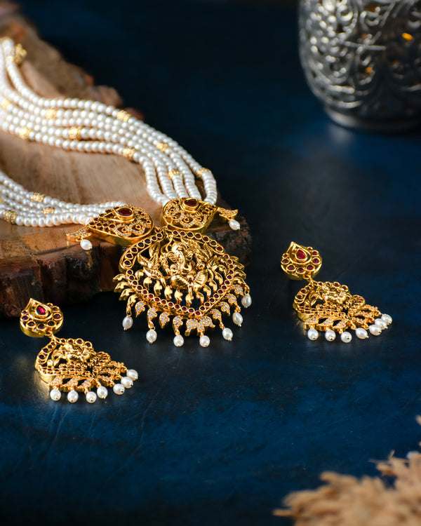 Regal Lord Ganesh Temple Necklace Set With Pearl Drops