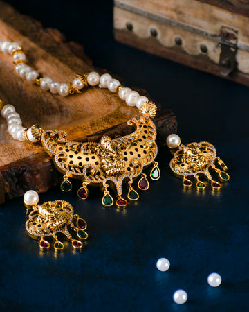 Crescent Lord Ganesh Temple Necklace With Multicolour CZ Stones