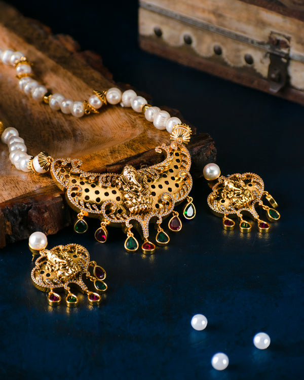 Crescent Lord Ganesh Temple Necklace With Multicolour CZ Stones