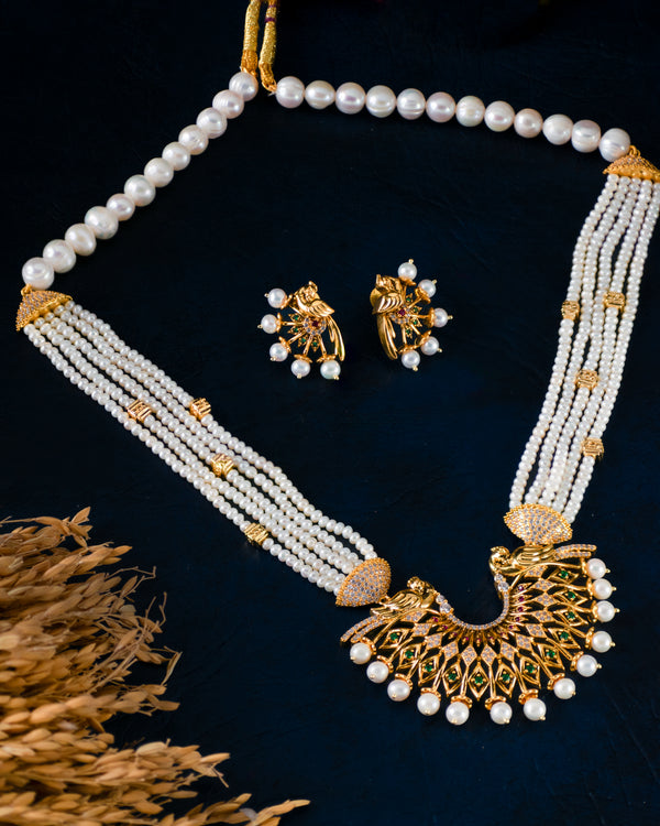 Peacock Temple Pearl Necklace Set With CZ Stones