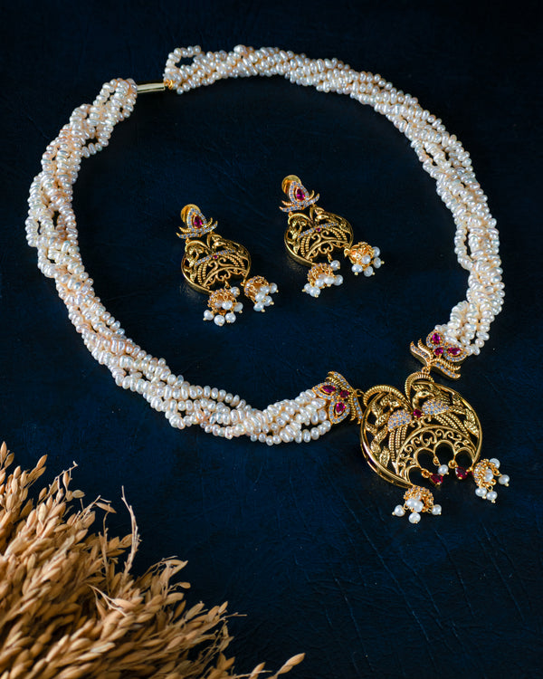 Antique Peacock Temple Necklace Set With Twisted Pearl Mala