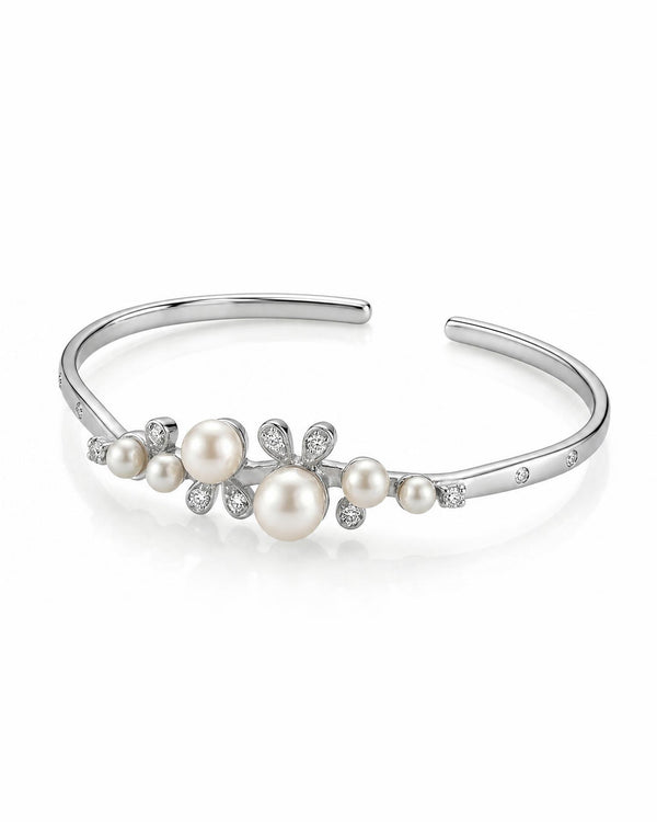 Luminous Pearl and Floral Crystal Open Cuff Adjustable Bangle