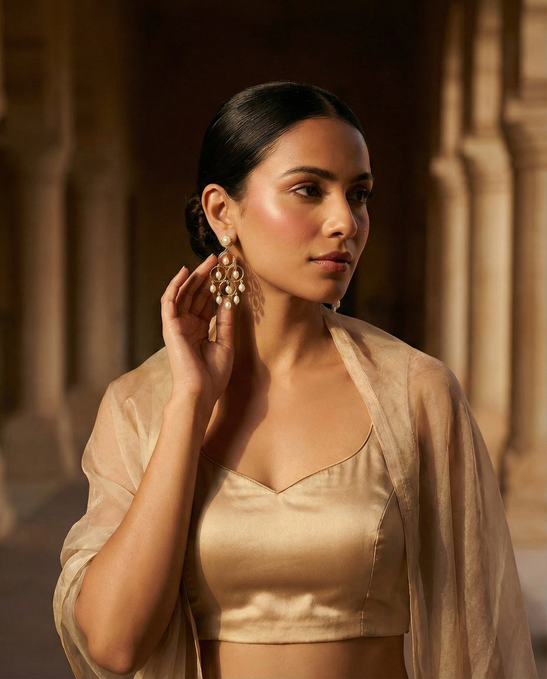 Golden Orbital Pearl Chandelier Earrings