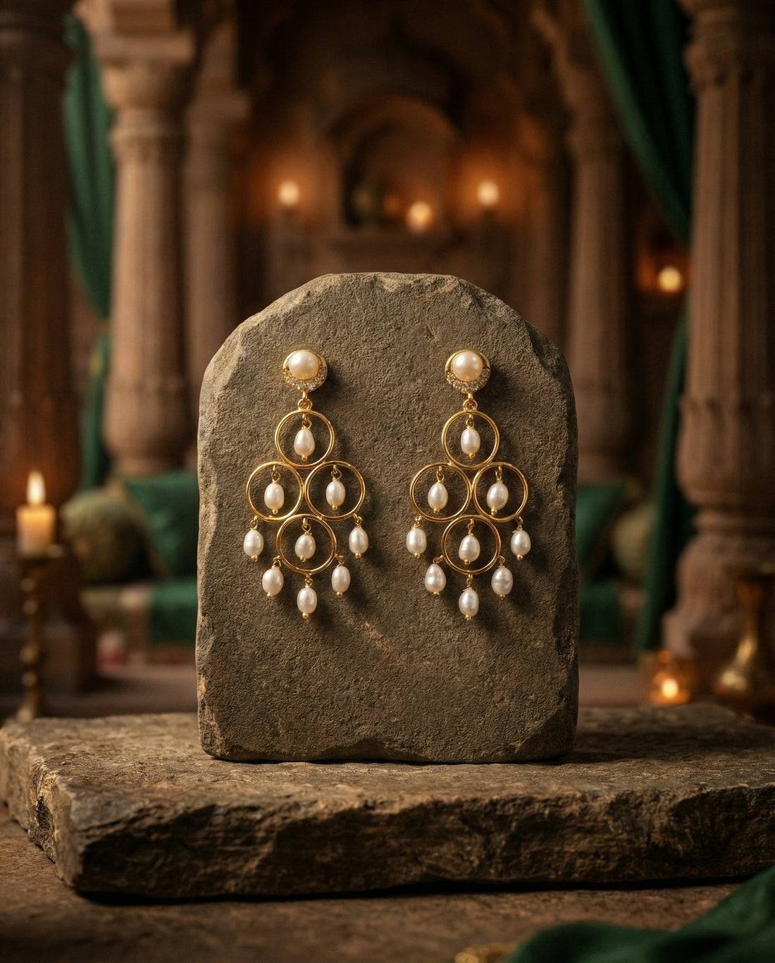 Golden Orbital Pearl Chandelier Earrings