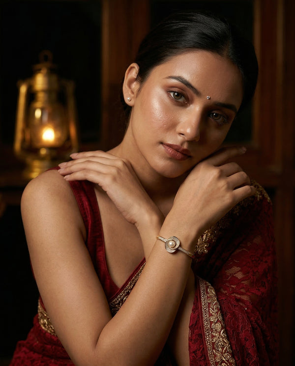 Gold-Plated Swirl Statement Pearl CZ Bangle