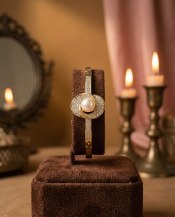 Gold-Plated Swirl Statement Pearl CZ Bangle