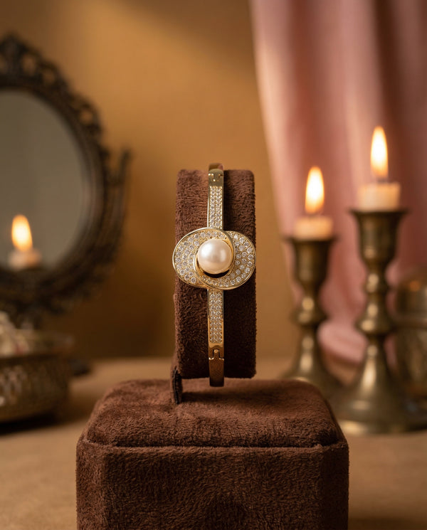 Gold-Plated Swirl Statement Pearl CZ Bangle