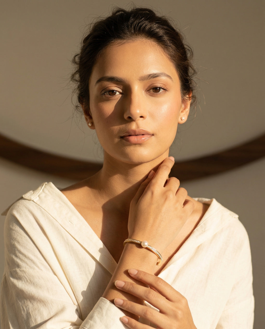 Elegant Round White Pearl CZ Gold Plated Bracelet